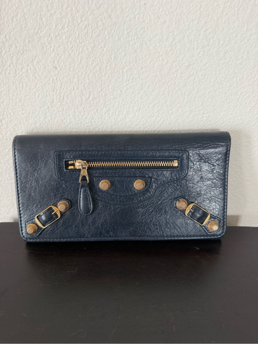 Balenciaga Navy Leather Wallet Clutch with Gold Hardware